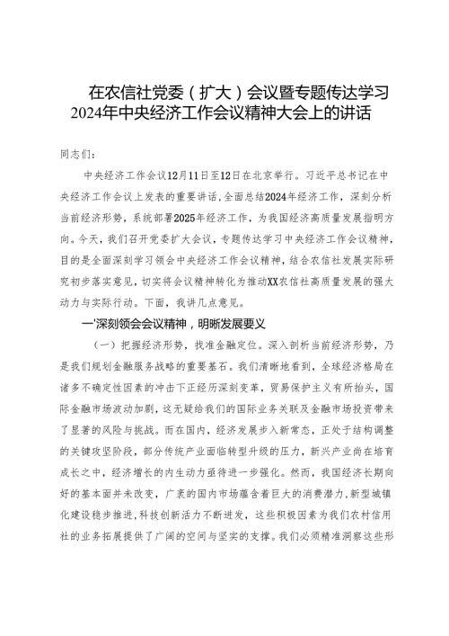 在农信社党委（扩大）会议暨专题传达学习2024年中央经济工作会议精神大会上的讲话(1).docx