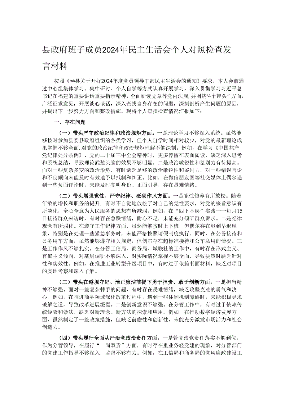 县政府班子成员2024年民主生活会个人对照检查发言材料.docx_第1页