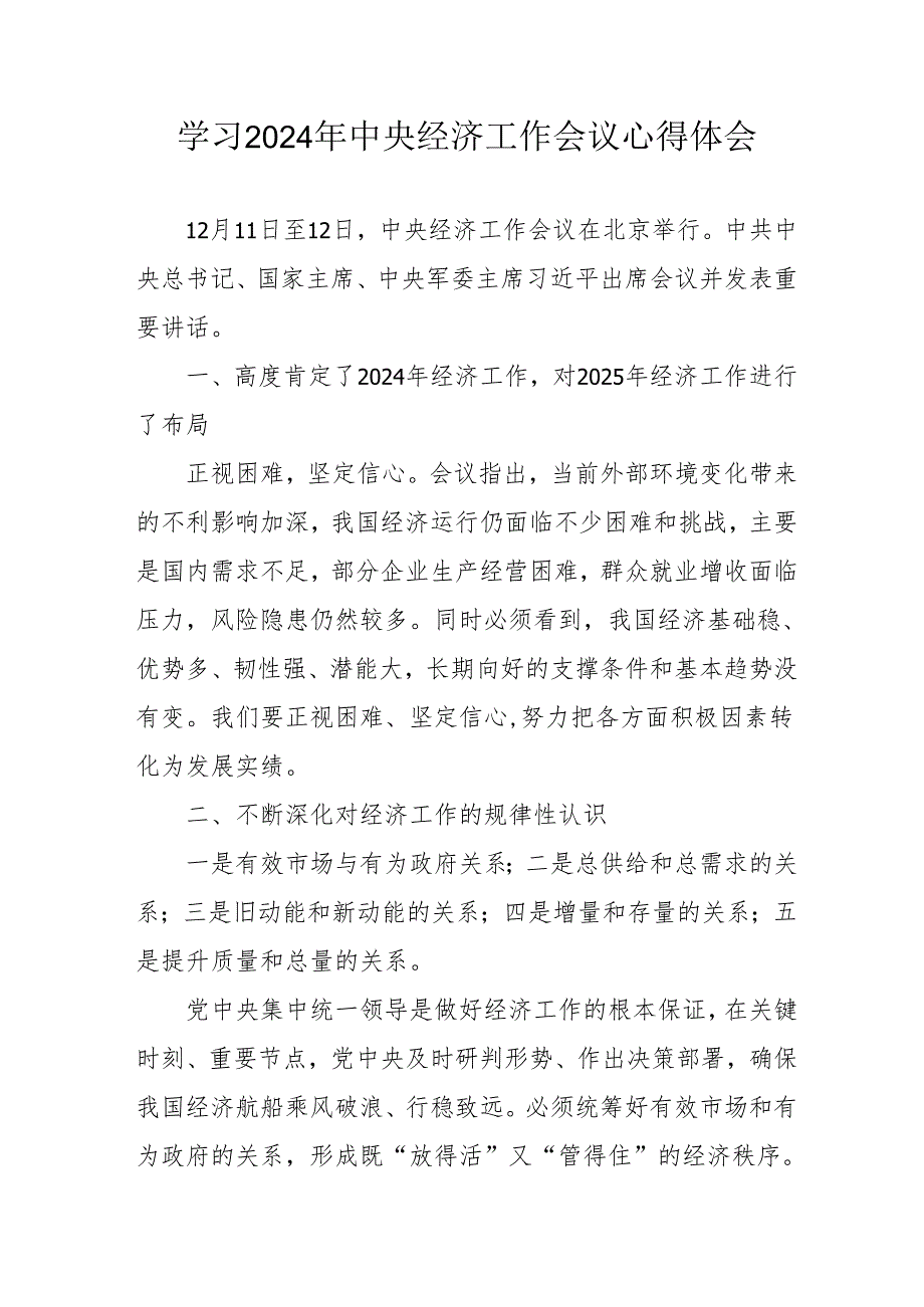 学习2024年中央经济工作会议个人心得体会 （合计3份）.docx_第1页