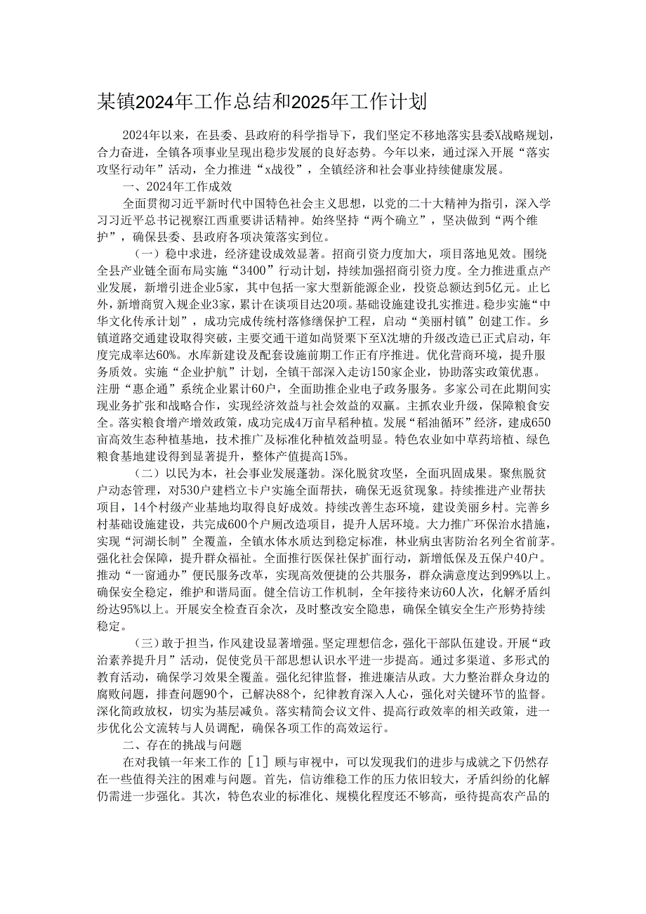 某镇2024年工作总结和2025年工作计划.docx_第1页