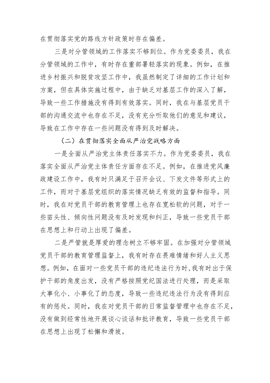 在贯彻落实党的路线方针政策、全面从严治党战略、新时代党的组织路线、上级巡察审计等监督发现问题整改四个方面2024年巡视整改专题民主生.docx_第3页