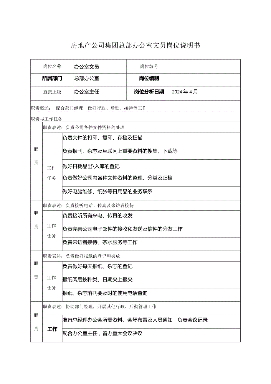 房地产公司集团总部办公室文员岗位说明书.docx_第1页