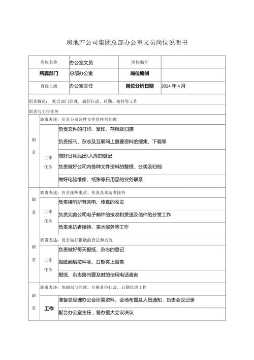 房地产公司集团总部办公室文员岗位说明书.docx