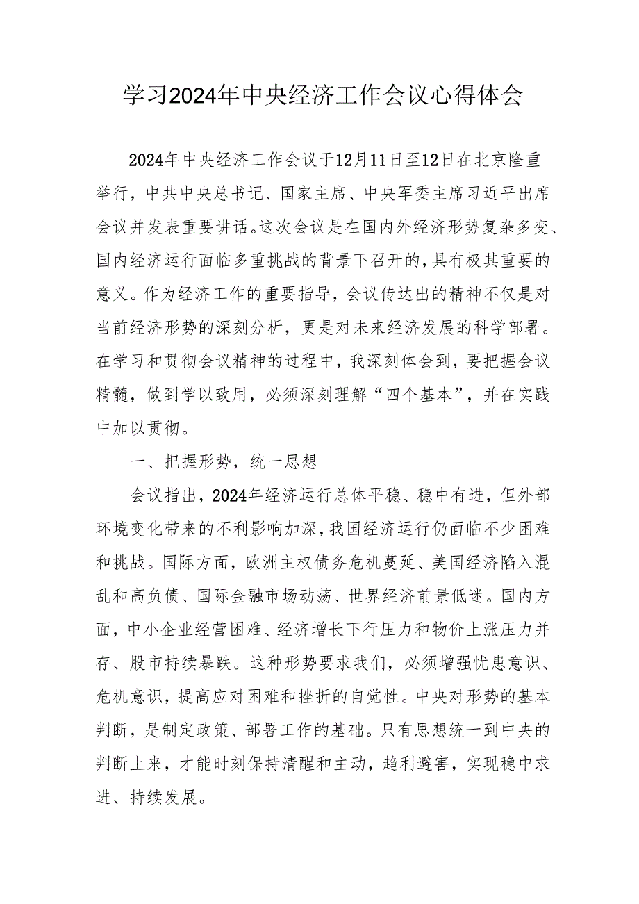 学习2024年《中央经济工作会议》个人心得体会 （合计4份）.docx_第1页