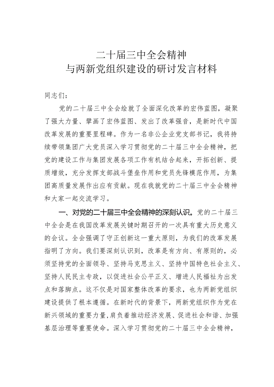 二十三中全会精神与两新党组织建设的研讨发言材料.docx_第1页
