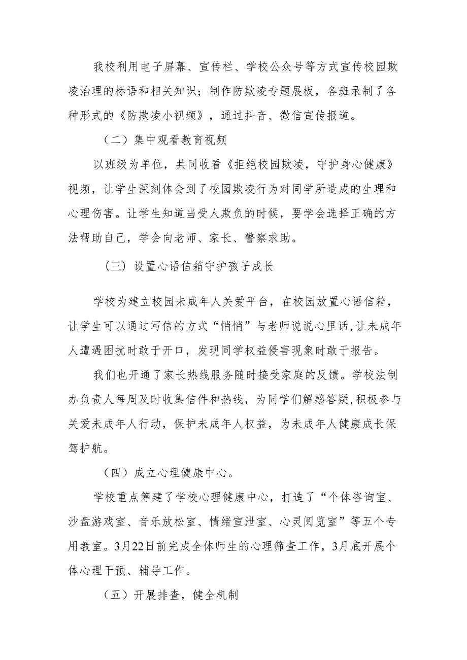 2024年学校开展预防校园欺凌整治情况报告二十三篇.docx_第2页