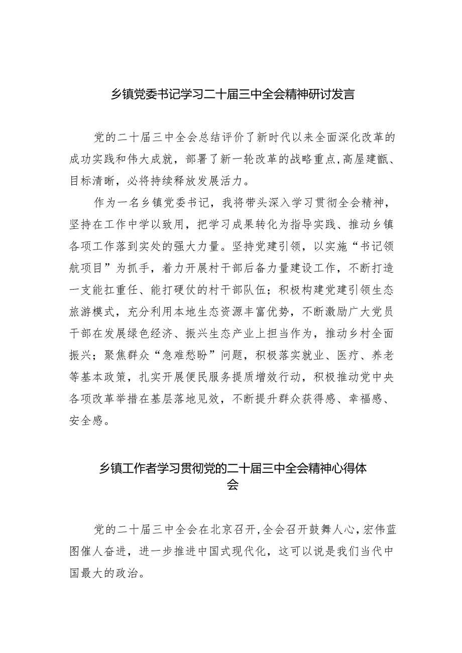 （9篇）乡镇党委书记学习二十三中全会精神研讨发言（精选）.docx_第1页