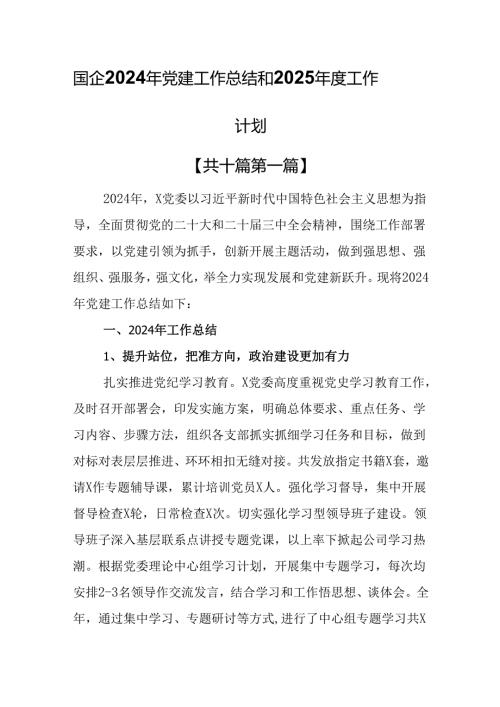 （10篇）国企2024年党建工作总结和2025工作计划.docx
