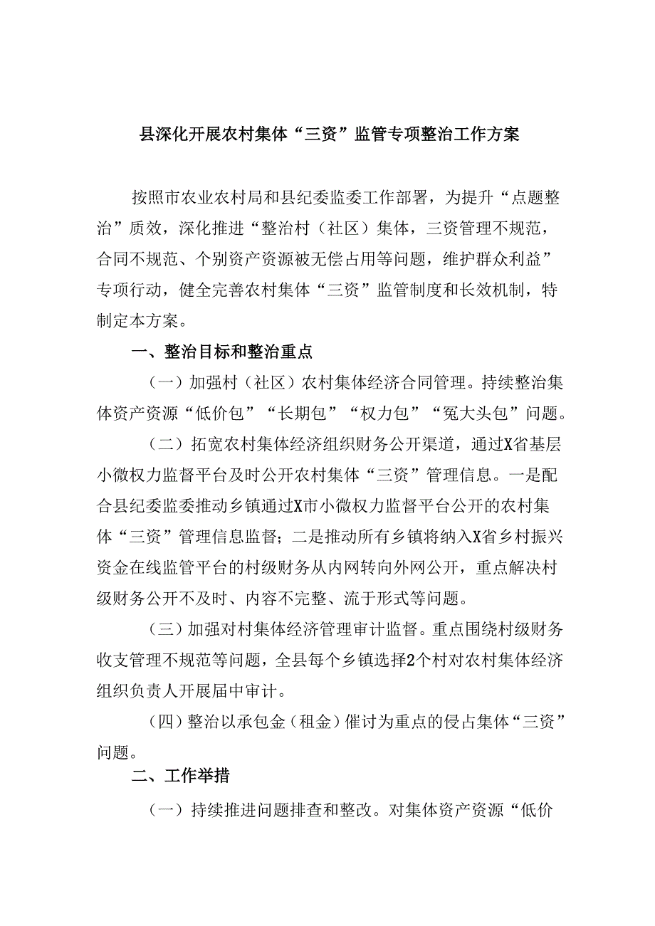 县深化开展农村集体“三资”监管专项整治工作方案7篇（详细版）.docx_第1页