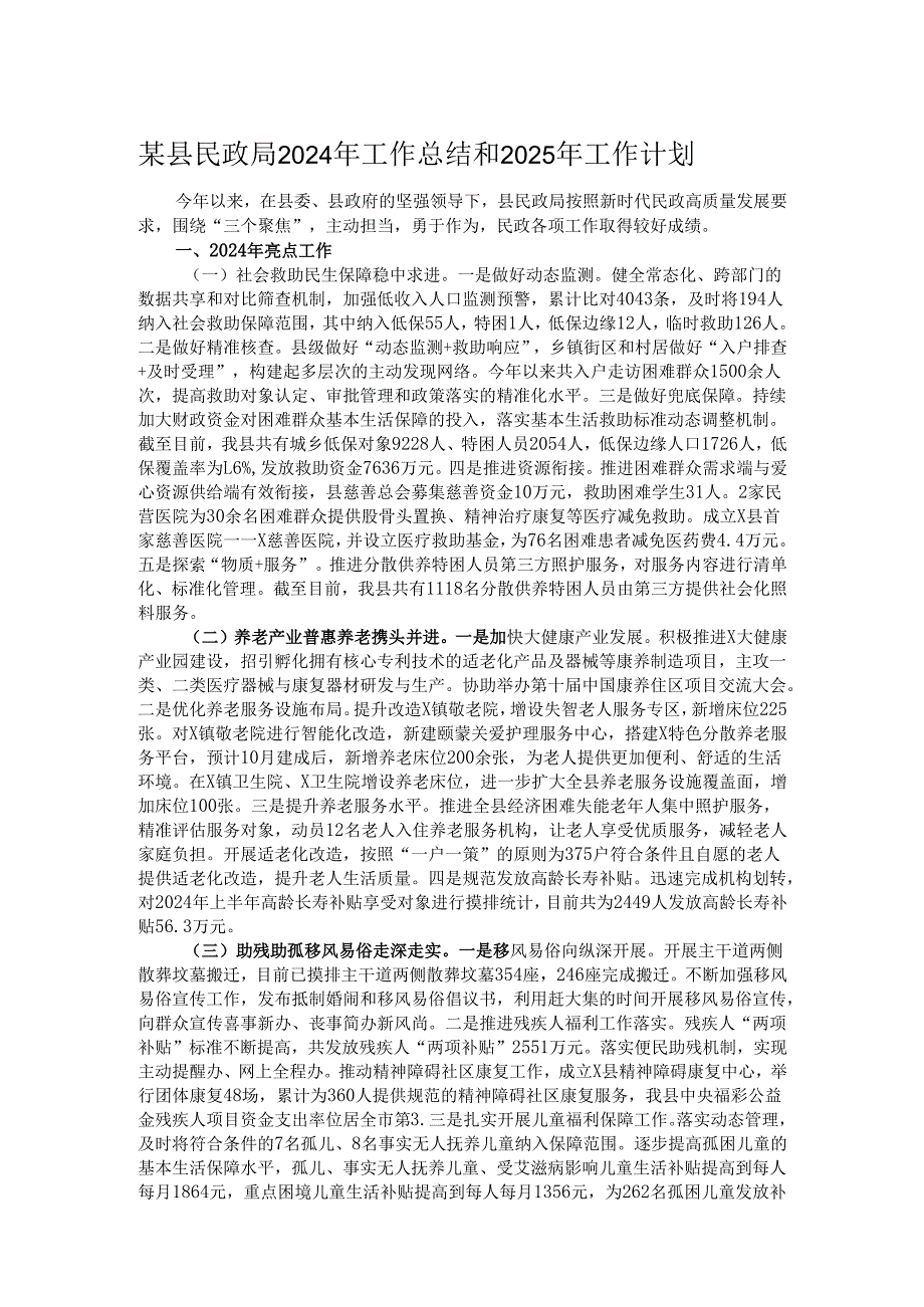 某县民政局2024年工作总结和2025年工作计划.docx_第1页