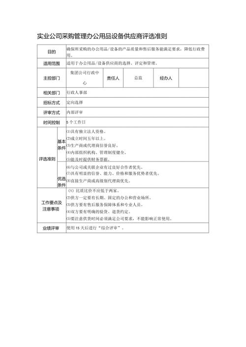 实业公司采购管理办公用品设备供应商评选准则.docx