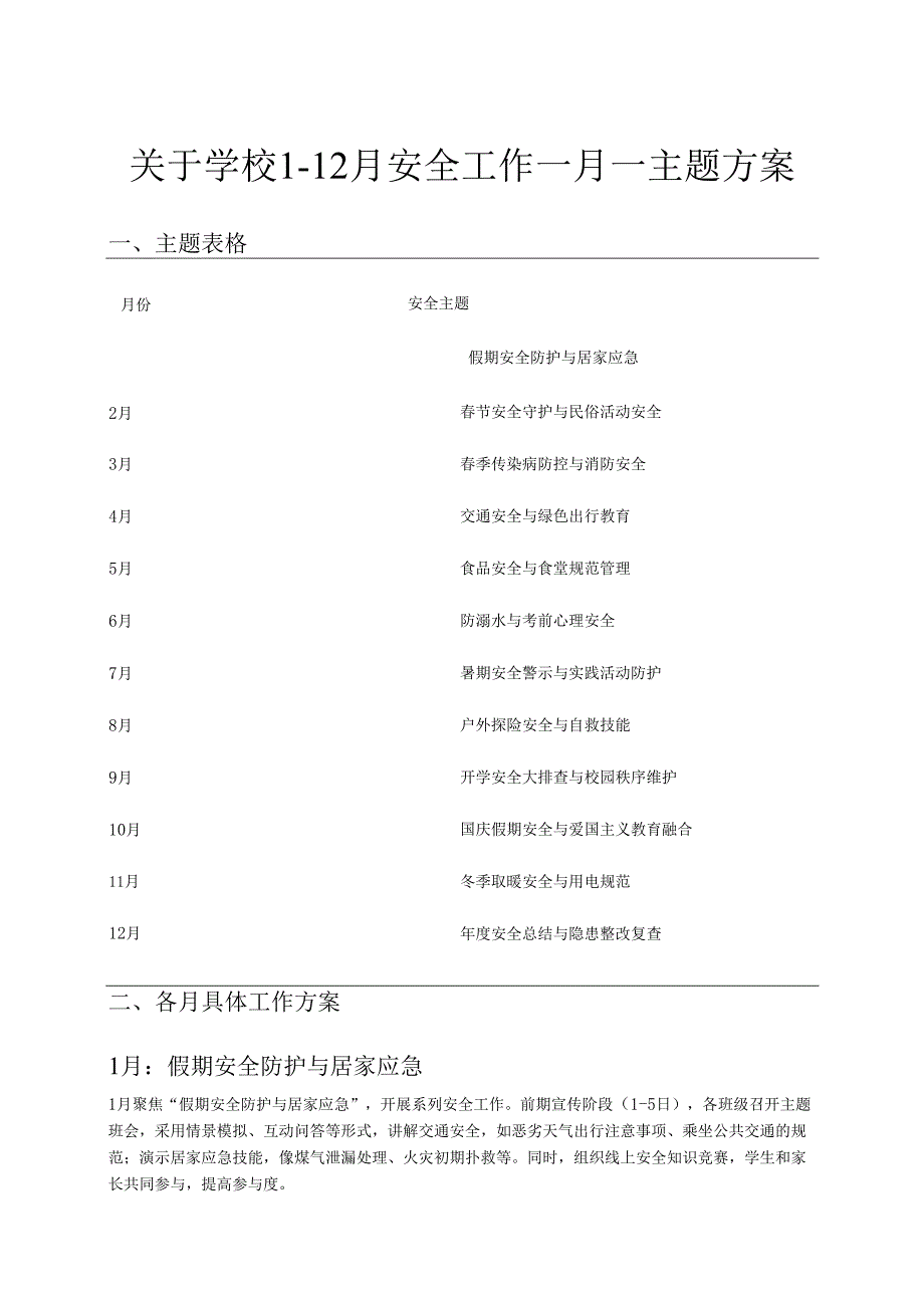 关于学校1-12月安全工作一月一主题方案.docx_第1页