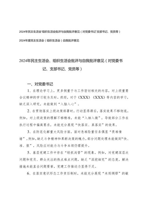 2024年民主生活会、组织生活会批评与自我批评意见（对党委书记、支部书记、党员等）+2024民主生活会（组织生活会）自我批评意见.docx