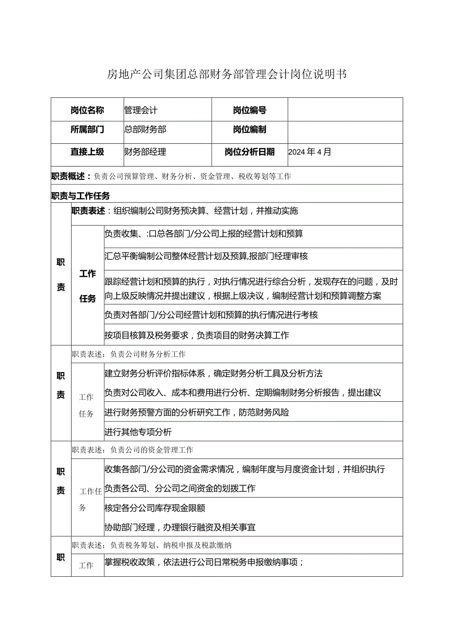 房地产公司集团总部财务部管理会计岗位说明书.docx_第1页