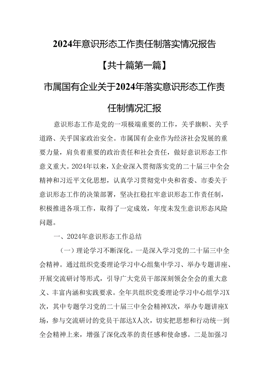 （10篇）2024年意识形态工作责任制落实情况报告.docx_第1页
