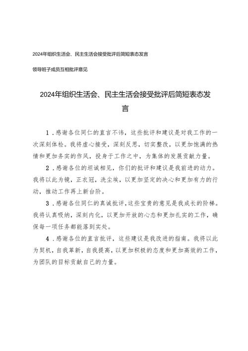 2024年组织生活会、民主生活会接受批评后简短表态发言+领导班子成员互相批评意见.docx