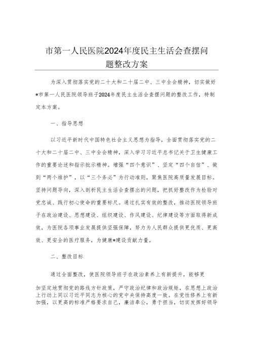 市第一人民医院2024年度民主生活会查摆问题整改方案.docx