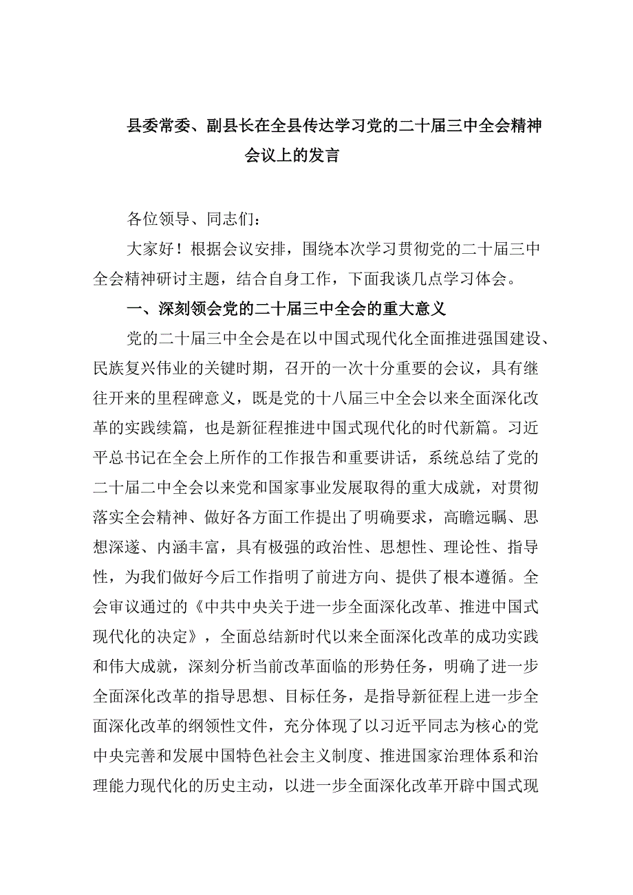 （11篇）县委常委、副县长在全县传达学习党的二十三中全会精神会议上的发言（最新版）.docx_第1页