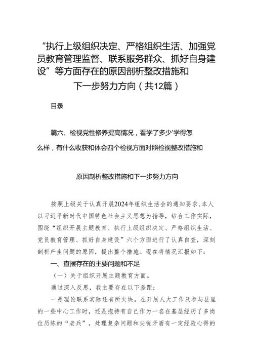 “执行上级组织决定、严格组织生活、加强党员教育管理监督、联系服务群众、抓好自身建设”等方面存在的原因剖析整改措施和下一步努力方向.docx