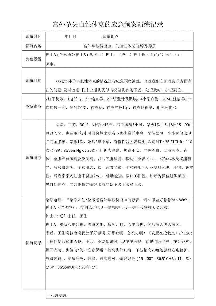宫外孕失血性休克应急预案演练记录.docx_第1页