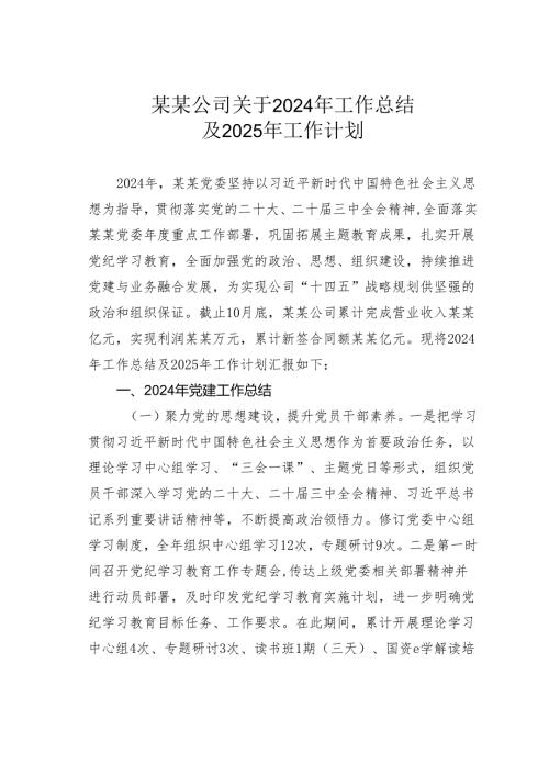 某某公司关于2024年工作总结及2025年工作计划.docx