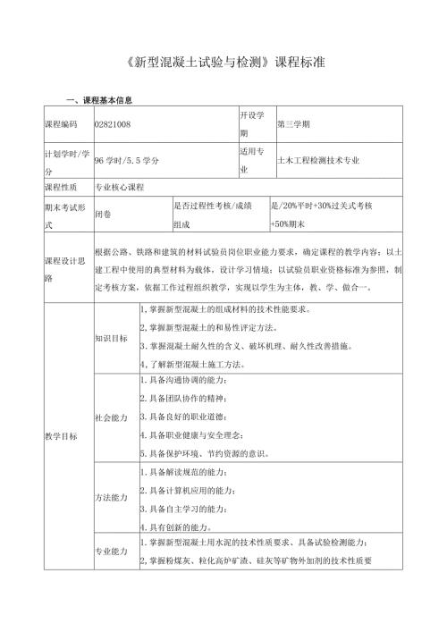 《新型混凝土试验与检测》课程标准.docx