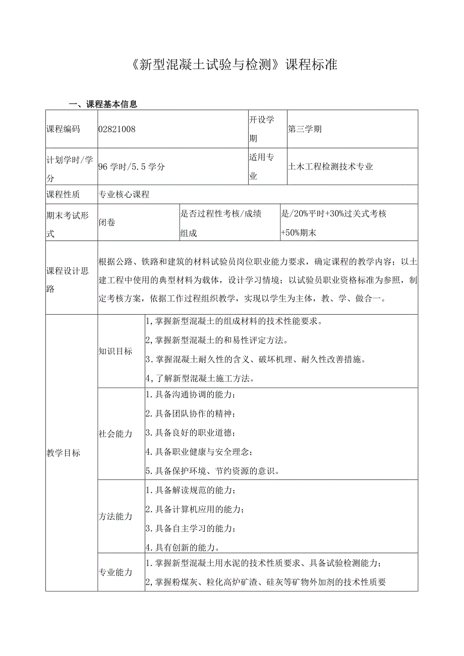 《新型混凝土试验与检测》课程标准.docx_第1页