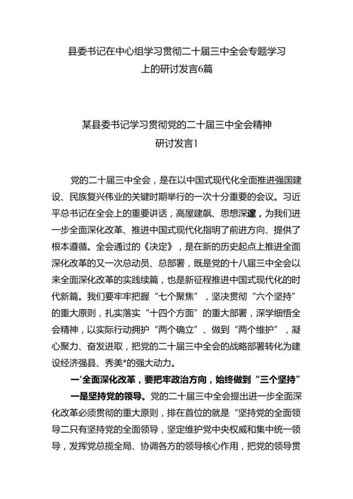 最新县委书记在学习贯彻二十三中全会专题学习上的研讨交流发言6篇.docx