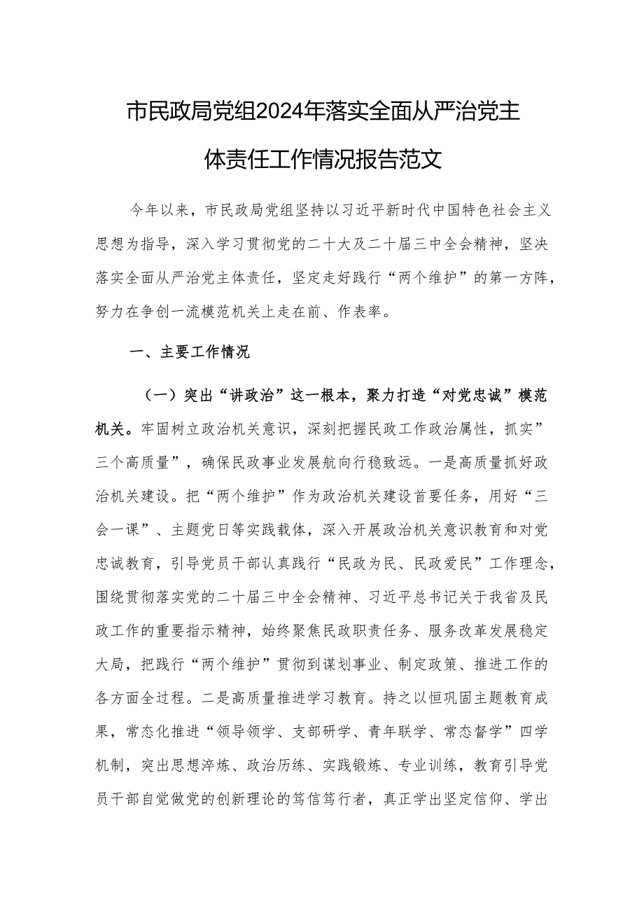 民政党组2024年落实全面从严治党主体责任工作情况报告范文.docx_第1页