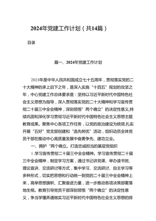 2024年党建工作计划14篇（精选）.docx