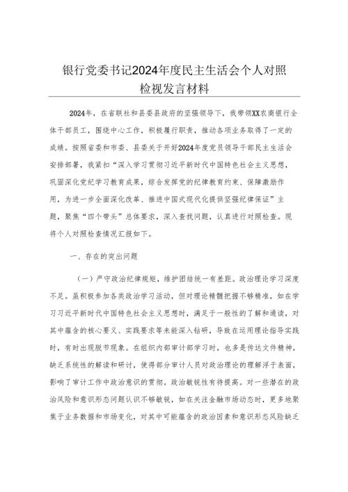 银行党委书记2024年度民主生活会个人对照检视发言材料.docx