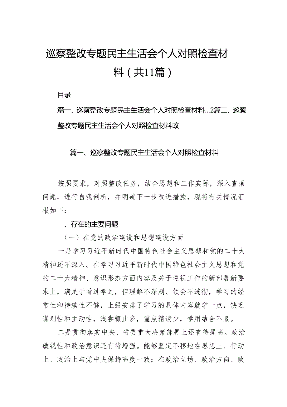 （11篇）巡察整改专题民主生活会个人对照检查材料精选.docx_第1页