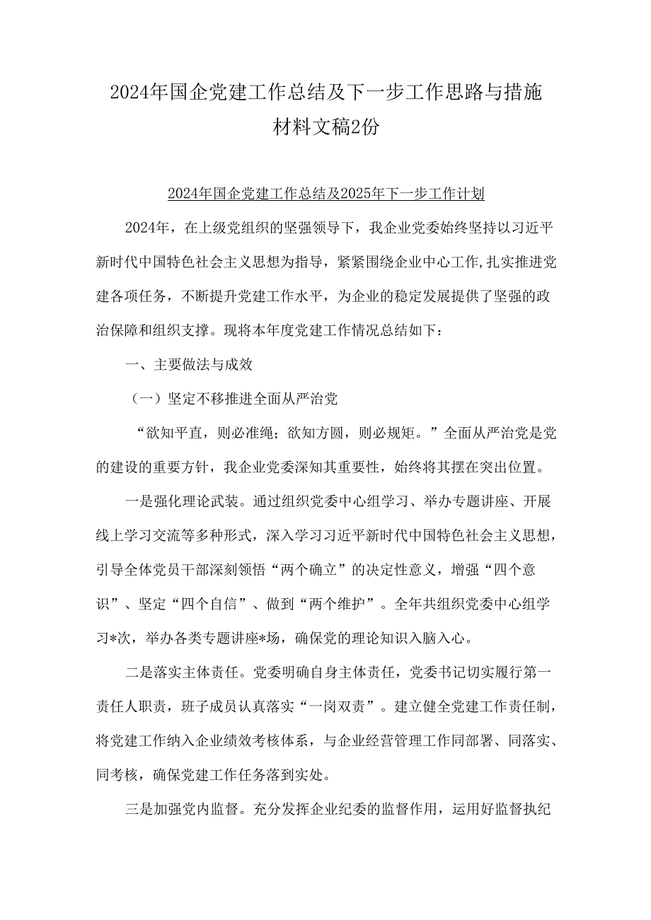 2024年国企党建工作总结及下一步工作思路与措施材料文稿2份.docx_第1页