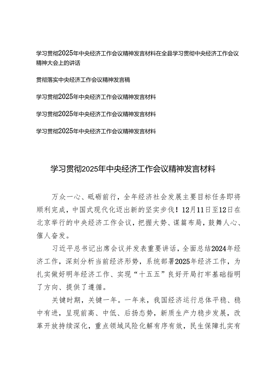 6篇范文 学习2025年中央经济工作会议精神发言材料.docx_第1页