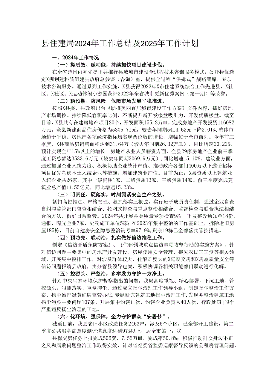 县住建局2024年工作总结及2025年工作计划.docx_第1页