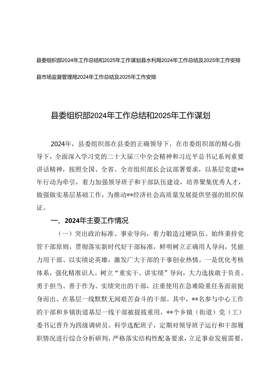 2024年工作总结和2025年工作思路(市发展和改革局、县委组织部、市场监管局）.docx_第1页