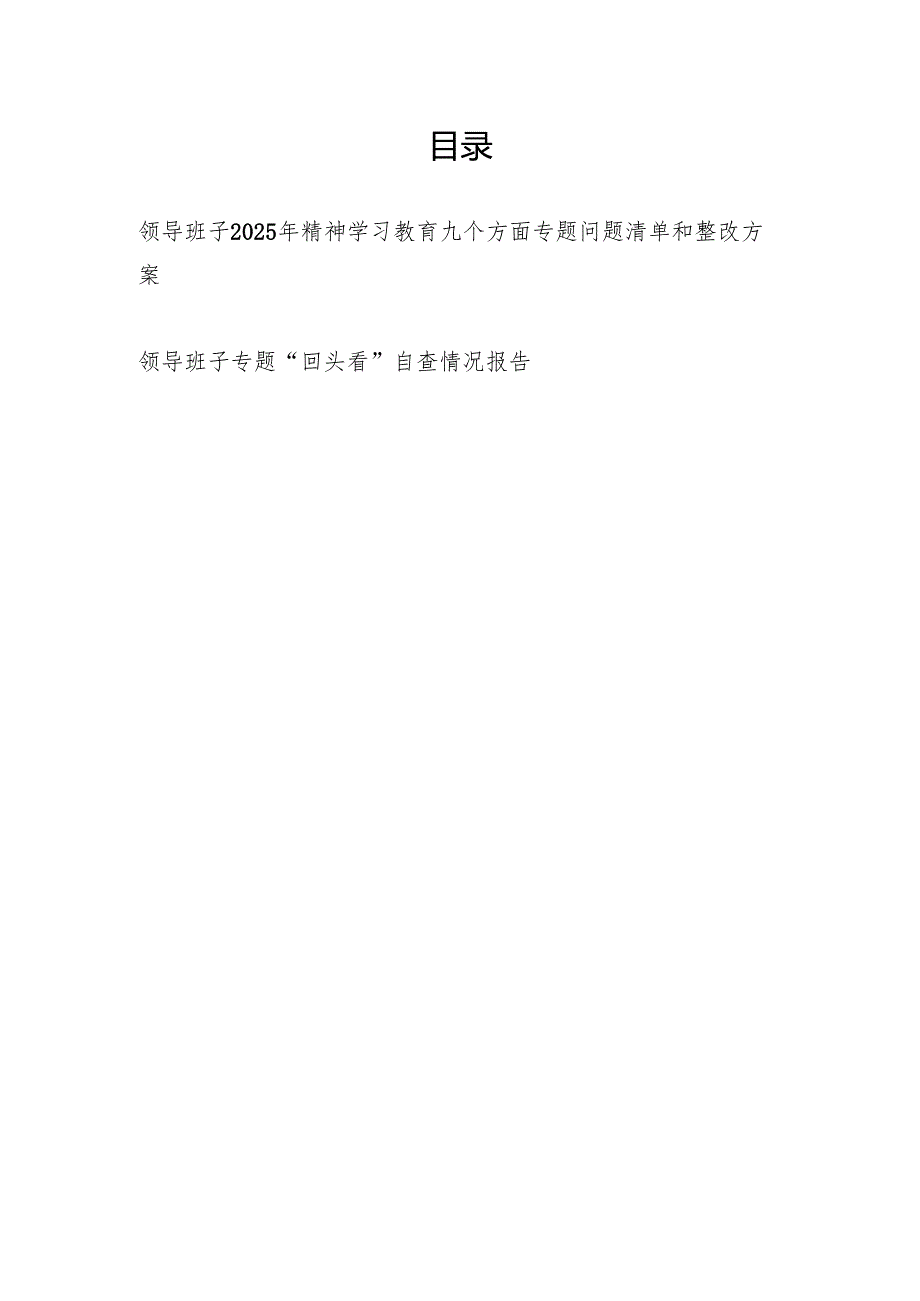 领导班子2025年精神学习教育九个方面专题问题清单和整改方案和班子“回头看”自查情况报告.docx_第1页