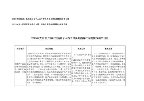 （支部班子、党支部）2025年组织生活会个人四个带头方面存在问题整改清单台账.docx