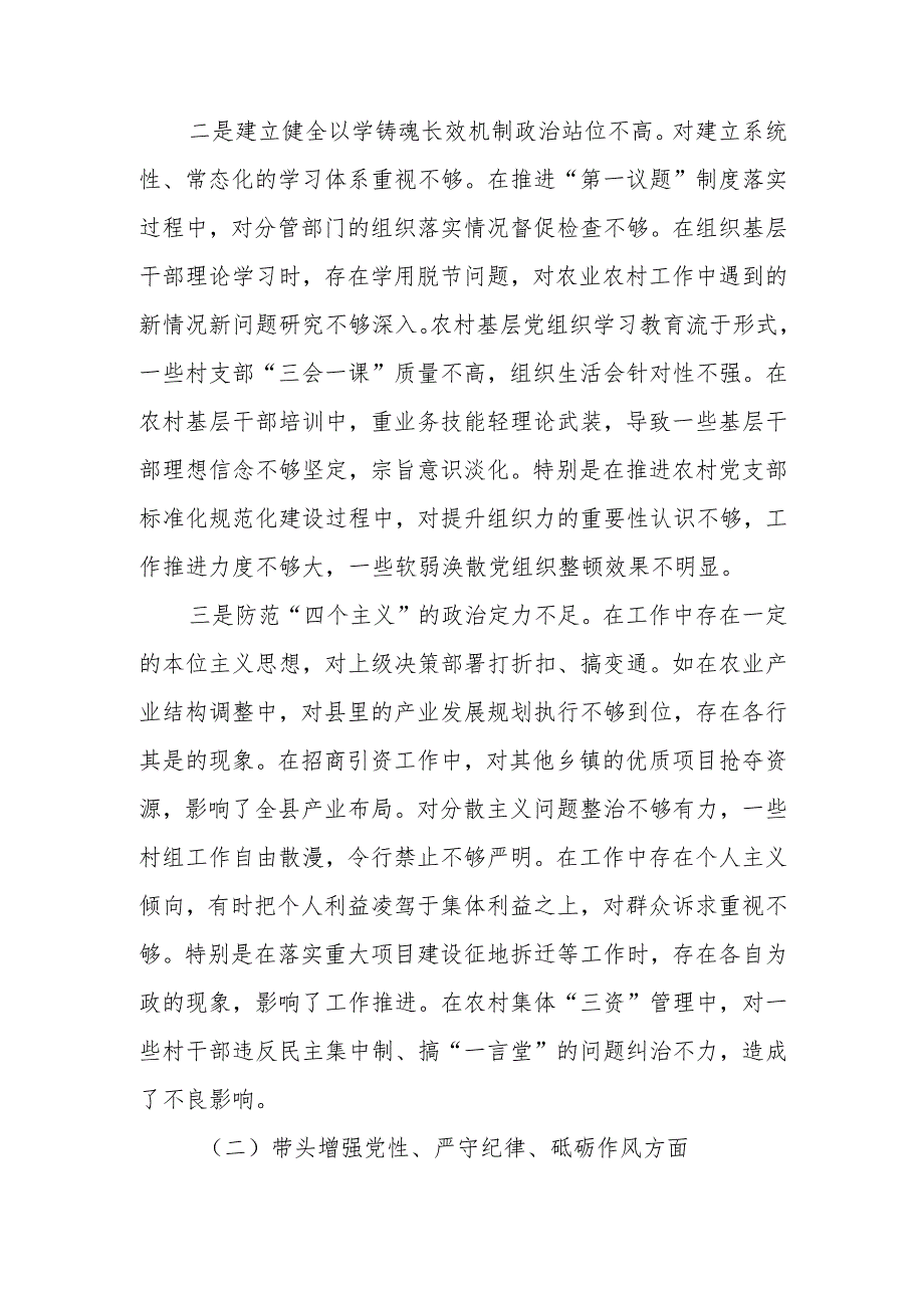 副乡长2024年民主生活检查材料发言材料（四个带头）范文两篇.docx_第2页