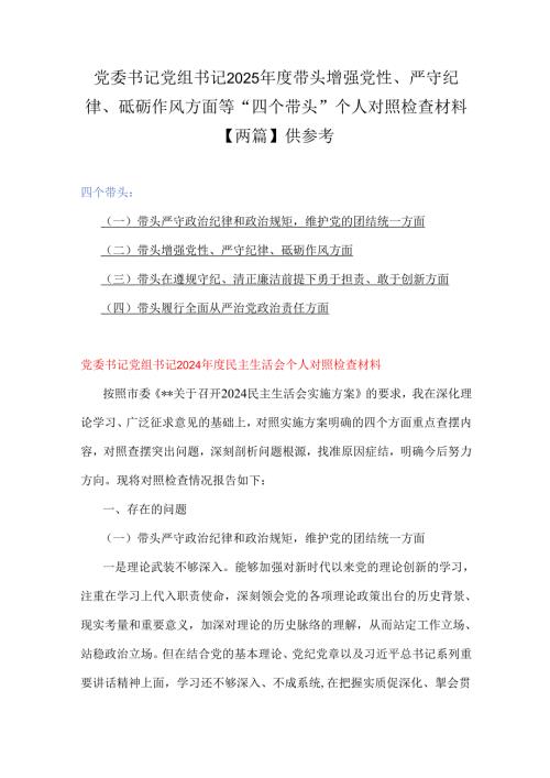 党委书记党组书记2025带头增强党性、严守纪律、砥砺作风方面等“四个带头”个人对照检查材料【两篇】供参考.docx