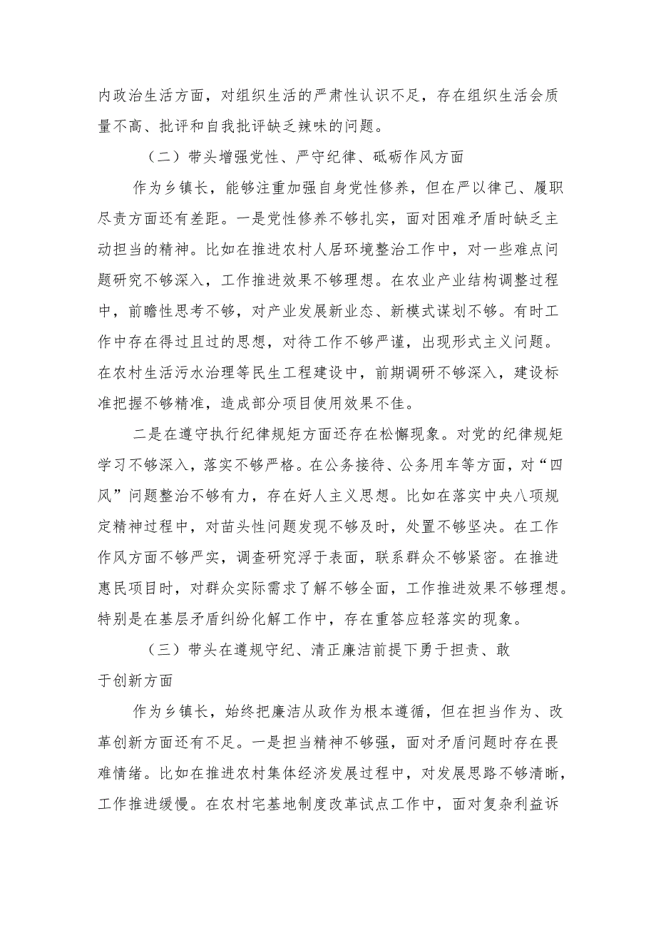 乡镇长2024年民主生活会个人对照检查发言材料（3359字）四个带头.docx_第2页