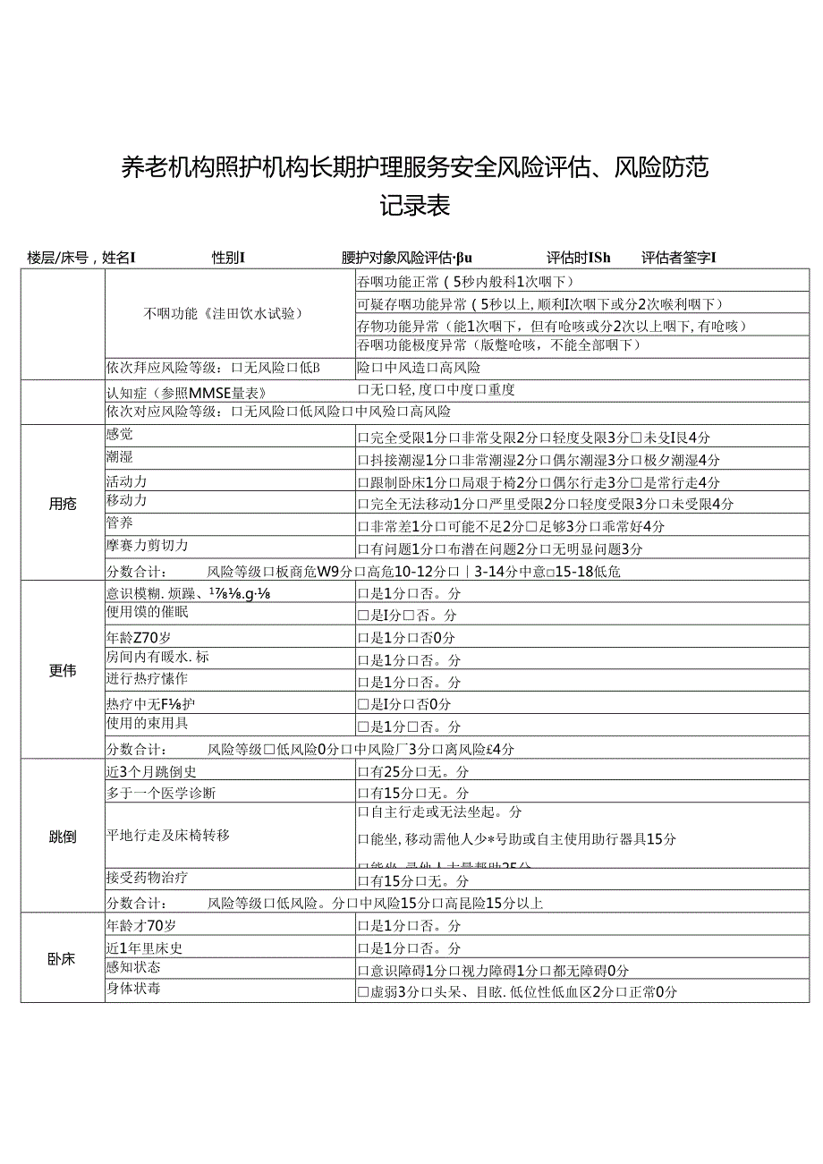 养老机构照护机构长期护理服务安全风险评估、风险防范记录表135.docx_第1页