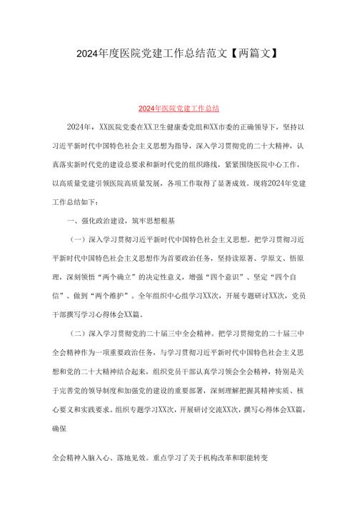 2024医院党建工作总结范文【两篇文】.docx
