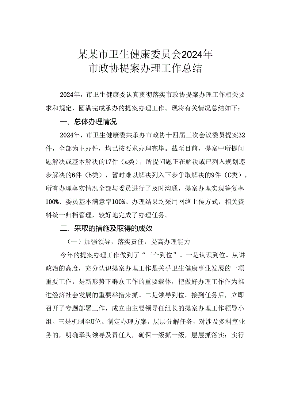 某某市卫生健康委员会2024年市政协提案办理工作总结.docx_第1页
