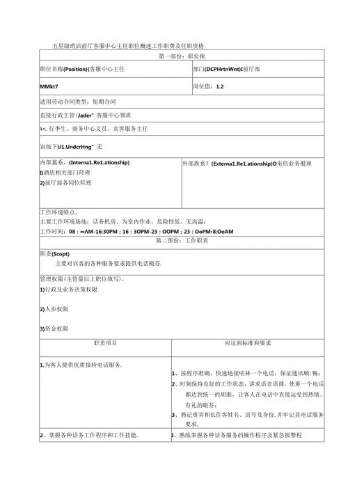 五星级酒店前厅客服中心主任职位概述工作职责及任职资格.docx