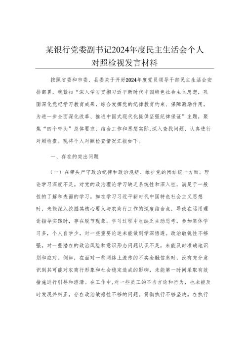 某银行党委副书记2024年度民主生活会个人对照检视发言材料.docx