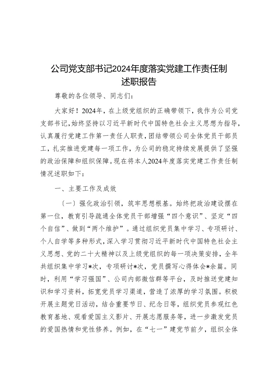 公司党支部书记 2024 落实党建工作责任制述职报告.docx_第1页