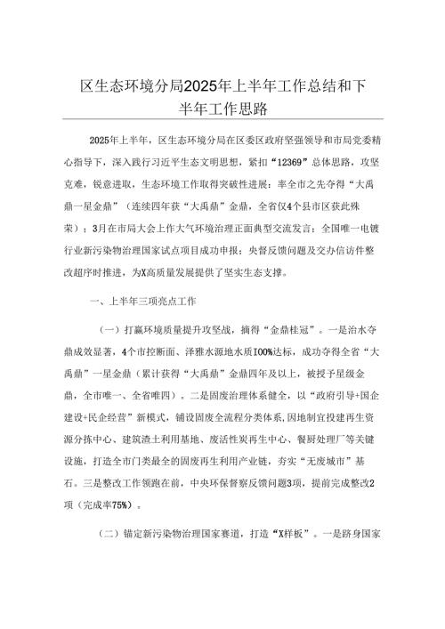 区生态环境分局2025年上半年工作总结和下半年工作思路.docx