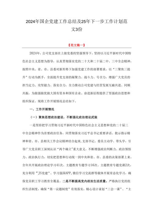 2024年国企党建工作总结及25年下一步工作计划范文3份.docx