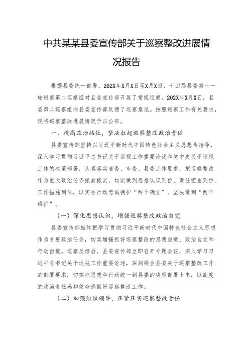 县委宣传部关于巡察整改进展情况报告.docx